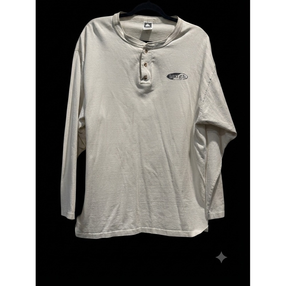 Vintage Tough Rodeo Henley Shirt White Long Sleeve JFK Quote Bull Graphic XL